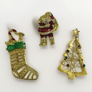 Vintage Christmas Rhinestone/Enamel Pin Brooch lot of 3 Santa Stocking Tree